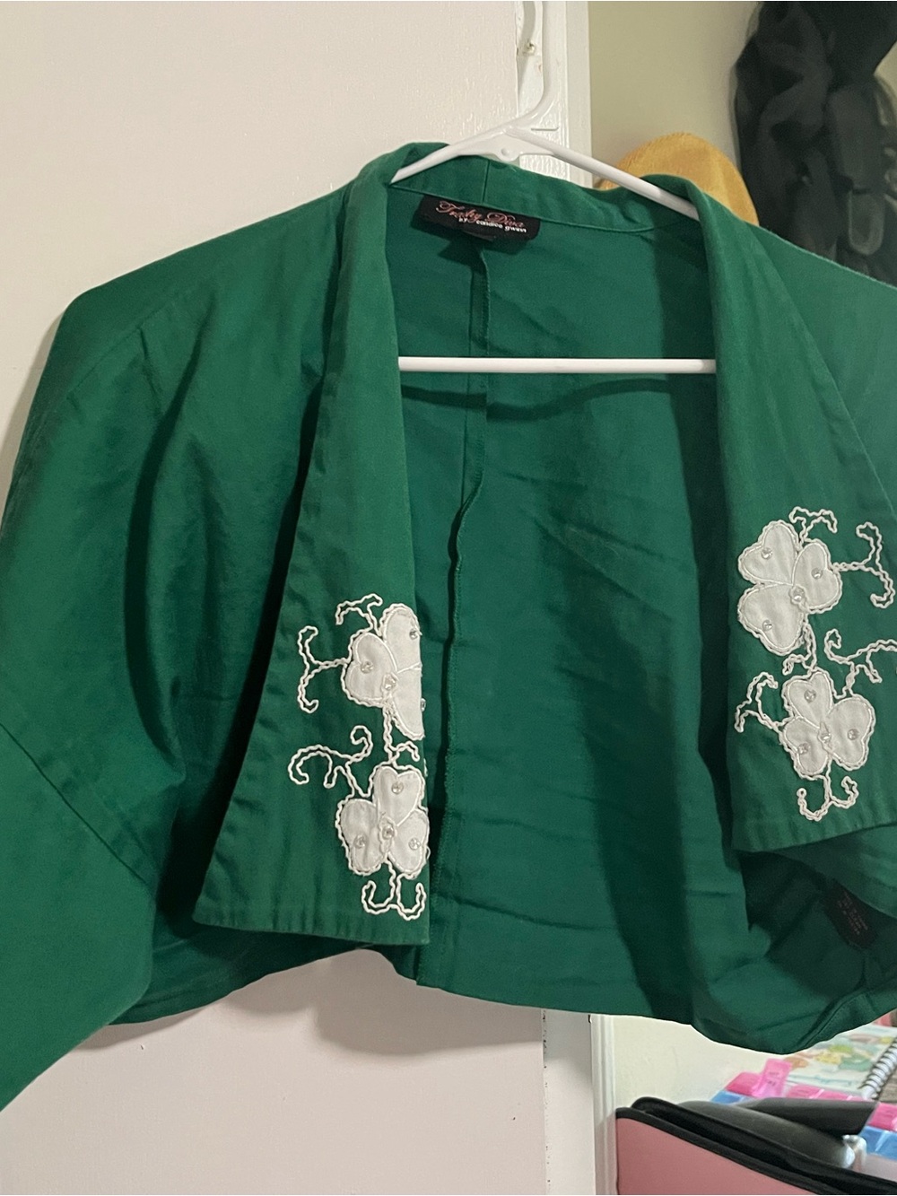 Trashy Diva Emerald Green Open-Front Jacket with White Floral Embroidery